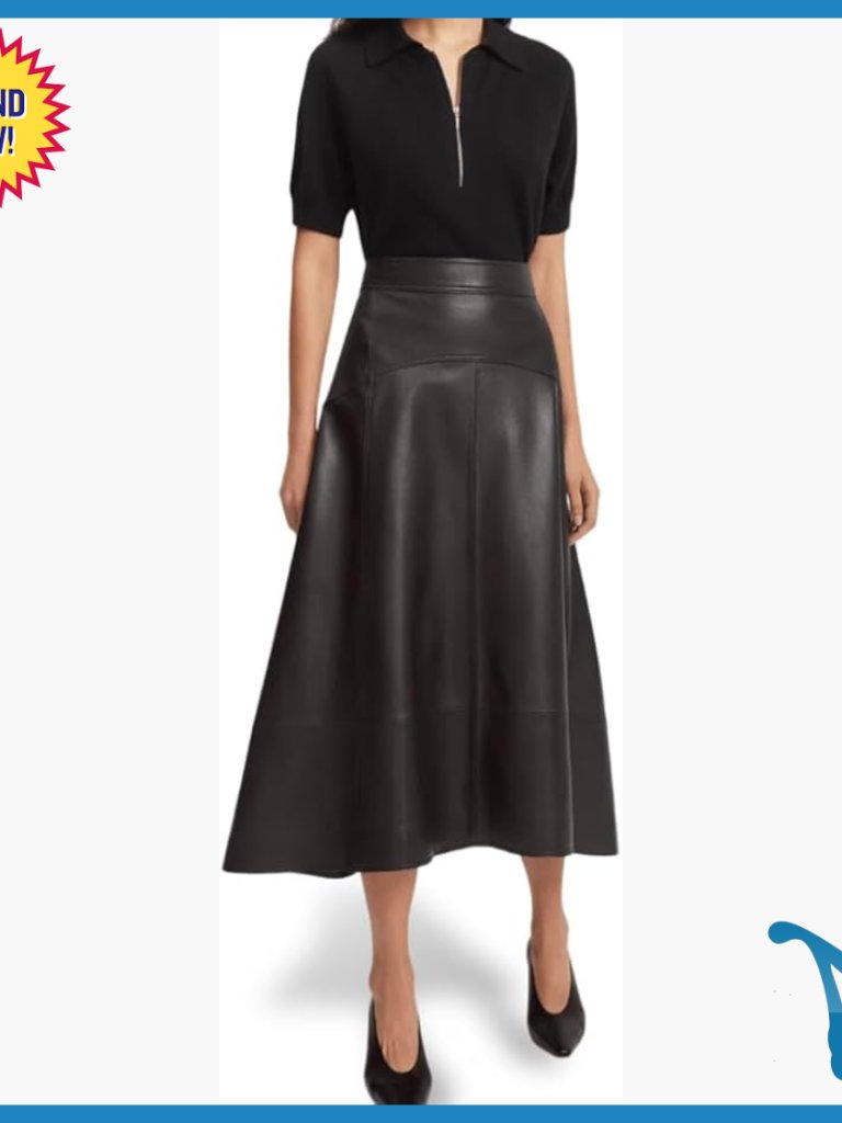 Genuine Lambskin Leather Skirt High Waist A-Line Patchwork Midi